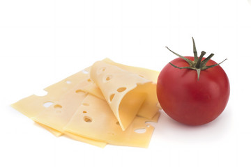 Cheese and tomatoes on a white background