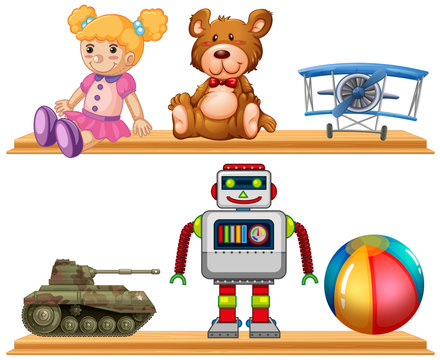 Different types of toys on wooden shelf