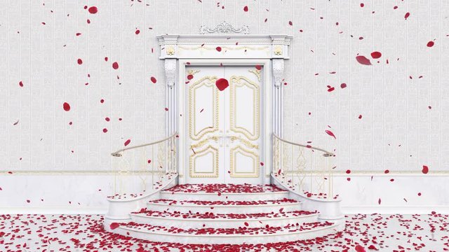 Door opening animation with falling red petals for wedding invitation video.  Ornamental door opening for wedding film, intro, opening sequence with alpha channel included.