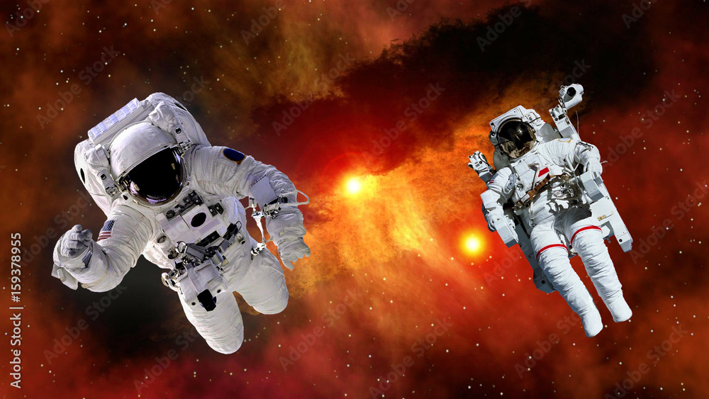 Sticker two astronaut planet spaceman suit outer space gravity galaxy floating universe explosion. elements 