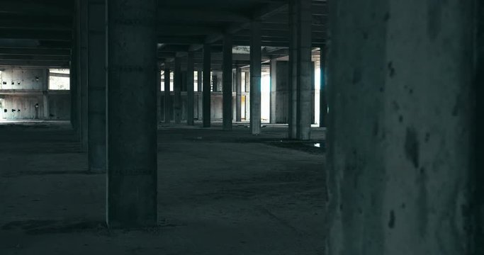 RL DOLLY DX wide angle shot of abandoned building interior. Scary, catastrophe, horror concept. 4K UHD RAW edited footage