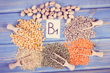 Vintage photo, Products and ingredients containing vitamin B1 and natural minerals, healthy nutrition concept