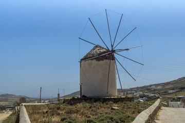 Ruins of old windmils in town of Ano Mera, island of Mykonos, Cyclades, Greece