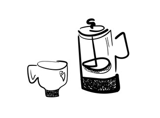 French press and coffee cup