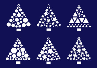 White Christmas trees on a blue background, vector set