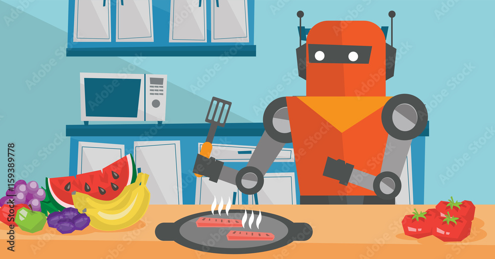 Poster Robot housewife preparing breakfast at kitchen.