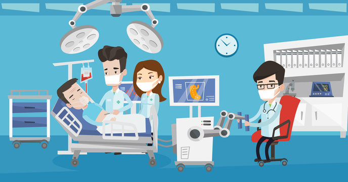 Caucasian doctor performing surgery operation with a robot. Doctor doing operation involving robot. The use of robotic technologies in medicine. Vector flat design illustration. Horizontal layout.