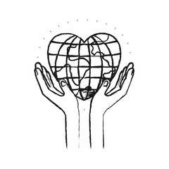 blurred silhouette hands with floating earth globe world in heart shape vector illustration