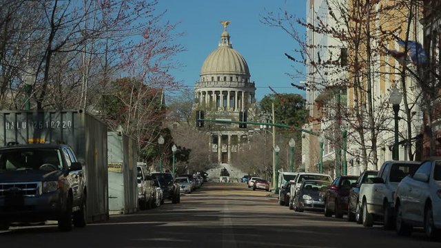 Jackson, Mississippi - February, 2013 - Southern fa&ccedil;ade of the Mississippi State Capitol Building shot with wide angle lens.
