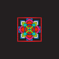 Embroidery with tibet mandala on black background. Stock vector illustration.