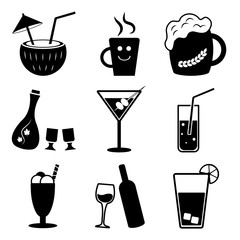 Soft drinks and alcohol beverages types, black and white vector set