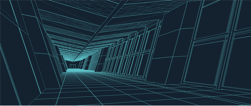 Hallway with sloping glass walls