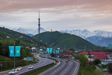 ALMATY, KAZAKHSTAN - MAY 6: Kok Tobe hill and TV tower. City view on May 6, 2017 in Almaty, Kazakhstan