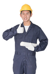 Worker holding blueprint on white background