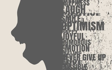 Face side view. Elegant silhouette of a female head. Vector Illustration. Monochrome gamma. Surprised beautiful woman smiling with open mouth. Emotions relative tags cloud. Grunge distress texture