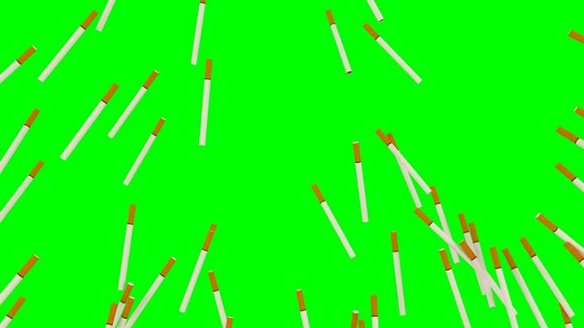Animated exploding or bursting cigarettes against green background in slow motion. High angle shot.