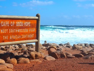 Signs place of Cape of Good Hope with rock beach near Atlantic Ocean background, Cape Point, Cape Town, South Africa ,check point
