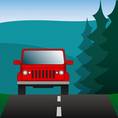 Red car SUV driving on a forest road. Sport utility vehicle on the background of nature. Vector Image.