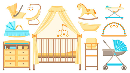 Baby furniture and equipment set. Cot, changing table, stroller, cradle, bath, highchair and other items of baby care. Vector illustration.