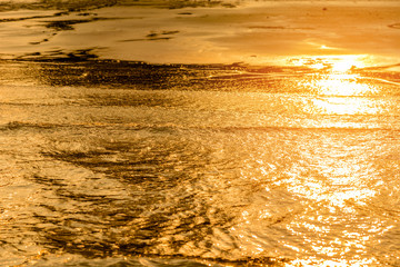 Naklejka premium Golden light reflecting off a water wave at the sea and sand on sunset. Pure Gold Tone