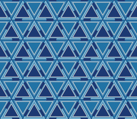 Blue geometric seamless pattern consisting of triangles. Useful as design element for texture and artistic compositions.