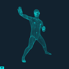Vector man with hand up to stop. Human showing stop gesture. 3D model of man. 3D vector illustration.
