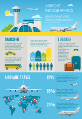 Air travel infographic with airport building, plane, including chart, icons and graphic elements. Flat style design. Vector illustration.
