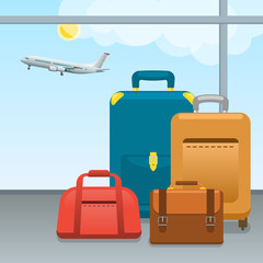 Baggage, suitcases and bags in airport. Checked in Big packed and hand luggage for traveling by aircraft. Travel and tourism concept.