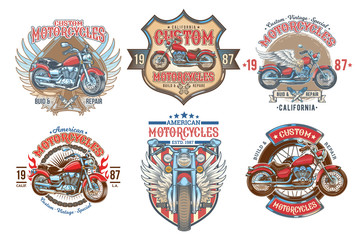 Set vector color vintage badges, emblems with a custom motorcycle. Print, template, advertising design element for the motor club, motorcycle repair shop