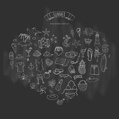 Hand drawn doodle summer set icons Vector illustration Sketchy summer holiday elements collection Isolated vacation objects Cartoon summer beach journey symbols Summertime traveling background 