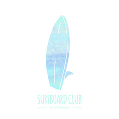 Hand drawn doodle water sports related icon surfboard. Vectorized watercolor texture.Vector illustration. Isolated symbol on white background Cartoon element for for web site design template