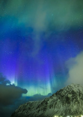 Amazing Picturesque Unique Nothern Lights Aurora Borealis Over Lofoten Islands in Nothern Part of Norway. Over the Polar Circle.