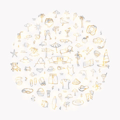 Hand drawn doodle Beach set icons Vector illustration Sketchy summer vacation elements collection Isolated holiday objects Cartoon sea relax journey symbols Summertime traveling background 