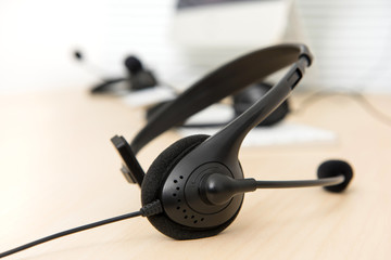 Microphone headset on the table in call center