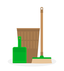 Cleaning service in a flat style. Household appliances tools: scoop for dust, mop and basket .Vector illustration