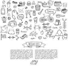 Hand drawn doodle Weight loss icons set Vector illustration dieting symbols collection Cartoon sketch elements Diet Sport equipment Healthy food eating Nutrition Protein Carbs Fats chemical formula