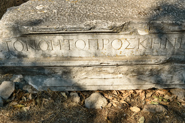 Stone with carved script in ancient city Troy. Turkey