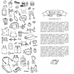 Hand drawn doodle Weight loss icons set Vector illustration dieting symbols collection Cartoon sketch elements Diet Sport equipment Healthy food eating Nutrition Protein Carbs Fats chemical formula