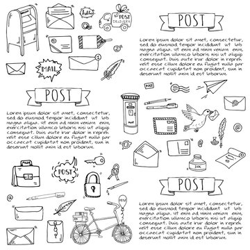 Hand drawn doodle Postal elements icon set. Vector illustration. Isolated post symbols collection. Cartoon various mail element: letter, envelope, stamp, post box, package, delivery truck, pigeon.