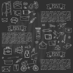 Hand drawn doodle Postal elements icon set. Vector illustration. Isolated post symbols collection. Cartoon various mail element: letter, envelope, stamp, post box, package, delivery truck, pigeon.