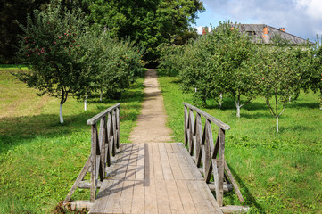 Fototapeta na wymiar Small pedestrian wooden bridge in old park