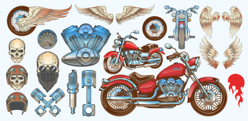Set vector color illustrations, icons of hand-drawn vintage motorcycle in various angles, skulls, wings in style of engraving. Classic chopper in ink style. Print, engraving, template, design element