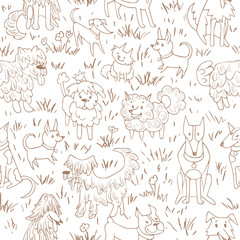 Cute dogs pattern. Seamless vector illustration with bulldog, bobtail, dachshund, bullterrier, doberman, spitz, chihuahua