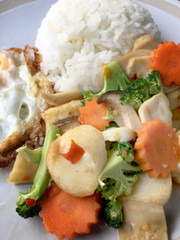 mixed fried vegetable tofu with rice and fried egg in white dish on wooden background. Vegetarian Food, healthy food.