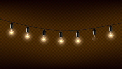Vector garland of lamps on brown transparent background.