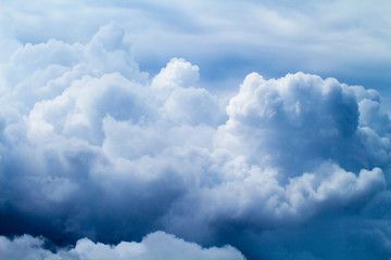 Naklejka na ściany i meble Summer sky with fluffy clouds background photo. White cloud backdrop.