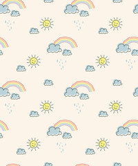 Fototapeta premium seamless pattern with sun, clouds and rainbows