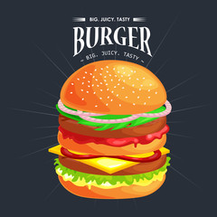 tasty burger grilled beef and fresh vegetables dressed with sauce in bun for snack or lunch, hamburger is classical american fast food meal usual menu could be barbecue meat bread tomato cheese
