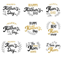 Mothers Day Hand Lettering Calligraphic Inscriptions Set with Hand-drawn Elements. Gold and Black Emblems and Badges Collection Isolated on White. Font Vector Illustration.