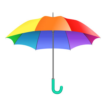 Colored realistic umbrella. Open umbrella in rainbow colors isolated on white background. Vector illustration.